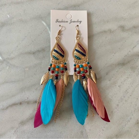 Boho Chic Multi Color Feather Earrings - Picture 2 of 2